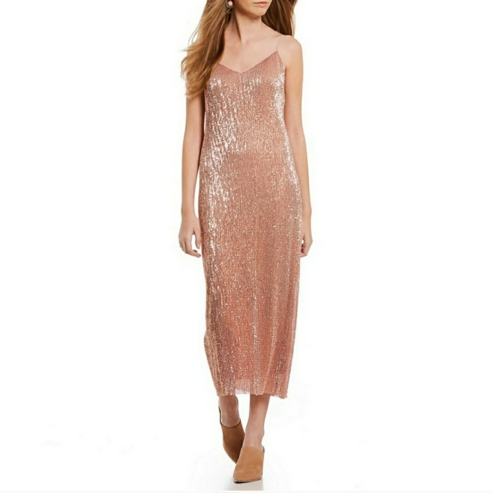 1. STATE Dramatic Pause Lustre Nude Sequin Midi Slip Dress